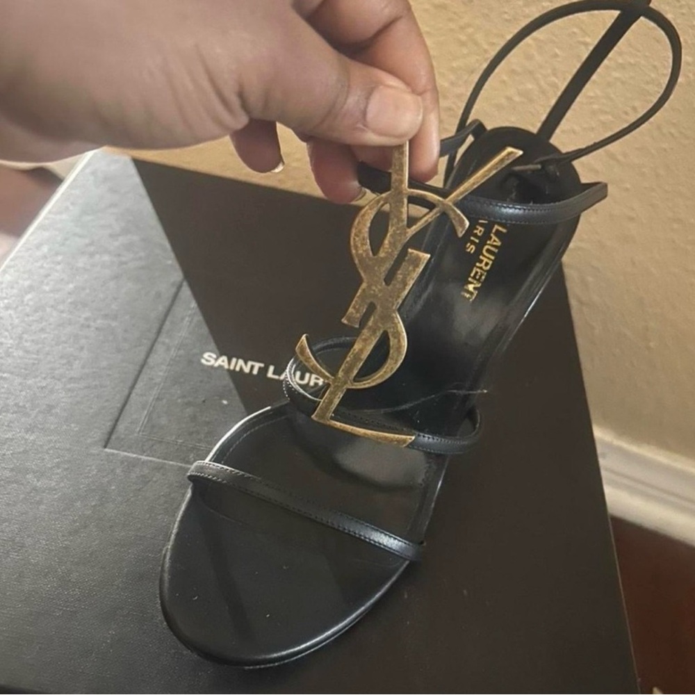 Saint Laurent Black Leather Heeled Sandal with Gold YSL Emblem